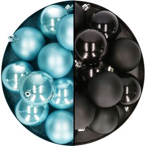 Decoris - kerstballen - 24x st - mix zwart/ijsblauw - 6 cm - kunststof - kerstversiering