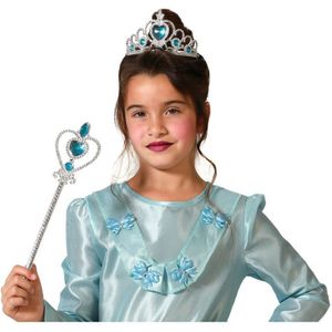 Atosa Carnaval verkleed Tiara/diadeem - Prinsessen kroontje met toverstokje - zilver/blauw - meisjes