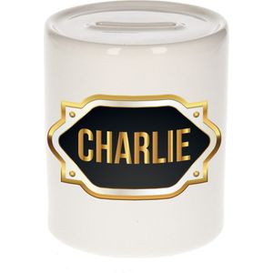 Charlie naam cadeau spaarpot met gouden embleem - kado verjaardag/ vaderdag/ pensioen/ geslaagd/ bedankt