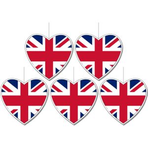 5x stuks engeland/United Kingdom vlag hangdecoratie hartjes vorm karton 14 cm - Brandvertragend - Feestartikelen/decoraties