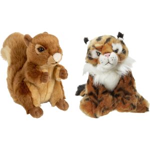 Nature Planet - Bosdieren pluche knuffels - 2x stuks - Eekhoorn en Lynx - 18 cm