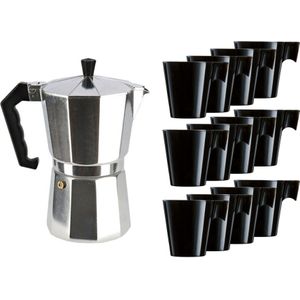 Aluminium moka/koffiemaker met 12x zwarte kopjes - Koffiezetapparaat met mokken - Italiaanse koffiezetter