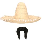Carnaval verkleed set - Mexicaanse sombrero hoed dia 50 cm met plaksnor - naturel - heren