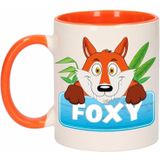 1x Foxy beker / mok - oranje met wit - 300 ml keramiek - vossen bekers