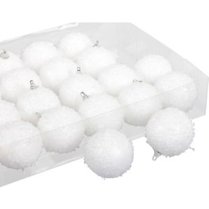 48x Kleine kunststof kerstballen met sneeuw effect wit 6 cm - Witte sneeuw kerstballen 6 cm