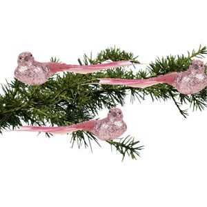3x stuks kunststof decoratie vogels op clip roze glitter 21 cm - Decoratievogeltjes - Kerstboomversiering