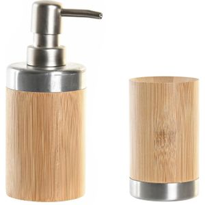 Items badkamer accessoires set drinkbeker/zeeppompje - bamboe/zilver