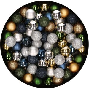 80x stuks kleine kunststof kerstballen mix groen/blauw/goud/zilver 3 cm  - Kerstversiering
