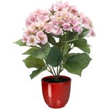 Hortensia kunstplant/kunstbloemen 40 cm - roze - in pot rood glans - Kunst kamerplant