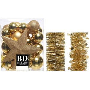 Kerstversiering kunststof kerstballen 5-6-8 cm met ster piek en folieslingers pakket goud van 35x stuks - Kerstboomversiering