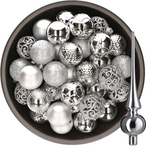 Decoris Kerstballen - 37x stuks - 6 cm kunststof - met glazen piek glans - zilver