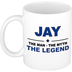 Naam cadeau Jay - The man, The myth the legend koffie mok / beker 300 ml - naam/namen mokken - Cadeau voor o.a  verjaardag/ vaderdag/ pensioen/ geslaagd/ bedankt