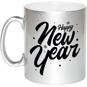 Set van 4x stuks cadeau mokken/bekers zilver happy new year - 330 ml - keramiek - Oudejaarsdag / nieuwjaar