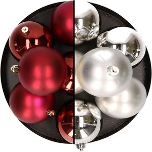 12x stuks kunststof kerstballen 8 cm mix van donkerrood en zilver - Kerstversiering