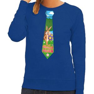 Blauwe Paas sweater met paashaas stropdas - Pasen trui voor dames - Pasen kleding