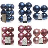 Kerstversiering kunststof kerstballen kleuren mix donkerblauw/oud roze 6-8-10 cm pakket van 44x stuks