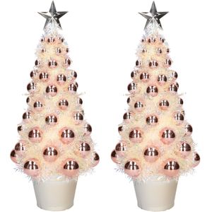 2x stuks complete kunstkerstbomen met lichtjes en ballen zalmroze - Kerstversiering - Kerstbomen - Kerstaccessoires - Kerstverlichting