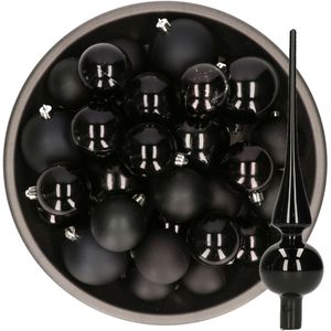Kerstversiering kunststof kerstballen zwart 6-8-10 cm pakket van 45x stuks - Met een glazen piek van 26 cm