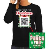 Kerst QR code kersttrui All I want: Punch you in the face dames zwart - Bellatio Christmas sweaters