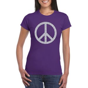 Paars Flower Power t-shirt zilveren glitter peace teken dames - Sixties/jaren 60 kleding
