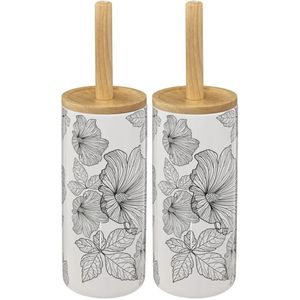 5Five 2x stuks WC-/toiletborstel met houder wit/zwart met hibiscus bloemen zandsteen/bamboe 38 cm