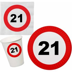 Verjaardag feestartikelen tafel dekken set 21 jaar verkeersbord/stopbord thema - 16x bordjes - 16x bekertjes - 16x servetten