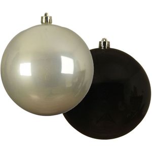 Grote decoratie kerstballen - 2x st - 14 cm - champagne en zwart - kunststof