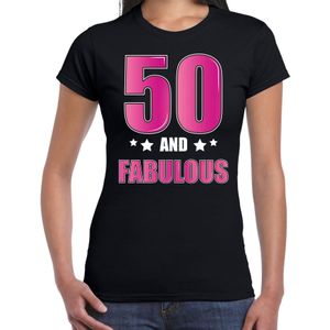 50 and fabulous / Sarah verjaardag cadeau t-shirt / shirt - zwart met roze en witte letters - voor dames - 50ste verjaardag kado shirt / outfit / Sarah