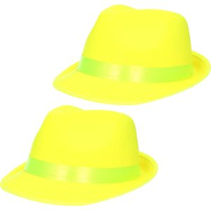 2x stuks trilby carnaval verkleed hoed neon geel - Gele feesthoedjes
