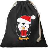 2x Kerst Pinguin cadeauzakje zwart met sluitkoord - katoenen / jute zak - Kerst cadeauverpakking zakjes