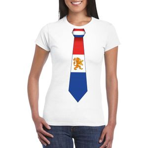 Wit t-shirt met Hollandse vlag stropdas dames -  Nederland supporter