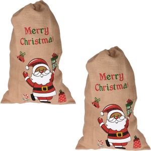 2x stuks jute kerst cadeauzakken met kerstman 90 cm - Kerstcadeautjes/kerstcadeaus zakken/tassen