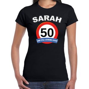 Verjaardag t-shirt verkeersbord 50 jaar Sarah - zwart - dames - vijftig jaar cadeau shirt Sarah
