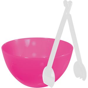 Serveerschaal/slakom - fuchsia roze - kunststof - 26 cm - met sla bestek/couvert