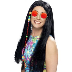 Dames Flower Power Hippie Sixties verkleed set zwarte pruik en ronde oranje bril