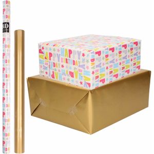 8x Rollen kraft inpakpapier happy birthday pakket - goud 200 x 70/50 cm - cadeau/verzendpapier