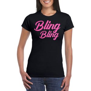 Bellatio Decorations Verkleed T-shirt voor dames - bling - zwart - roze glitter- carnaval/themafeest