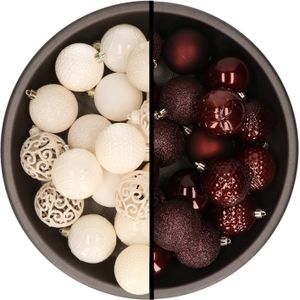 Kerstballen - 74x stuks - wol wit en mahonie bruin - 6 cm - kunststof
