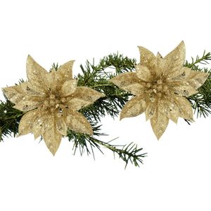 Kerstboom bloemen - 2x stuks - goud glitter - kunststof - 15 cm