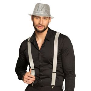 Carnaval verkleedset Partyman - glitter hoedje en bretels - zilver - heren - verkleedkleding