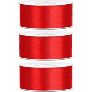 3x Hobby/decoratie rode satijnen sierlinten 2,5 cm/25 mm x 25 meter - Cadeaulinten satijnlinten/ribbons - Rode linten - Hobbymateriaal benodigdheden - Verpakkingsmaterialen