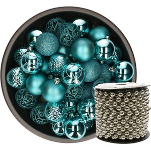 Kunststof kerstballen - 37x st - turquoise blauw - met kralenslinger zilver