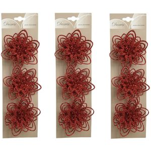 18x Stuks Decoratie Bloemen Rood Glitter Op Clip 11 cm - Decoratiebloemen/Kerstboomversiering/Kerstversiering