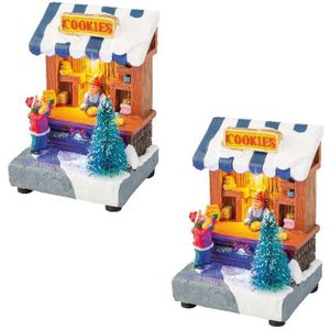 2x stuks kerstdorp kersthuisjes koekjes winkels met verlichting 8 x 11 cm - Kerstdorp onderdelen kerstversiering