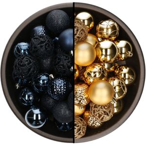 Bellatio Decorations Kerstballen mix - 74-delig - goud en donkerblauw - 6 cm - kunststof