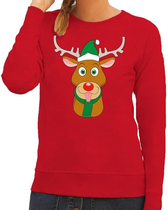 Foute kersttrui / sweater met Rudolf het rendier met groene kerstmuts rood voor dames - Kersttruien