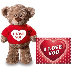 Knuffel Teddybeer 24 cm met Rood Shirt I Love You Hartje - met Valentijnskaart A5