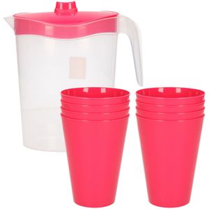 8x kunststof drinkbekers 430 ML met schenkkan set transparant/roze van 2.5 liter - Verjaardag/camping/tuin