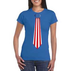 Blauw t-shirt met Amerikaanse vlag stropdas dames -  Amerika supporter