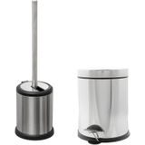 5Five - WC/Toiletborstel houder zilver rvs 39cm en pedaalemmer 3 liter